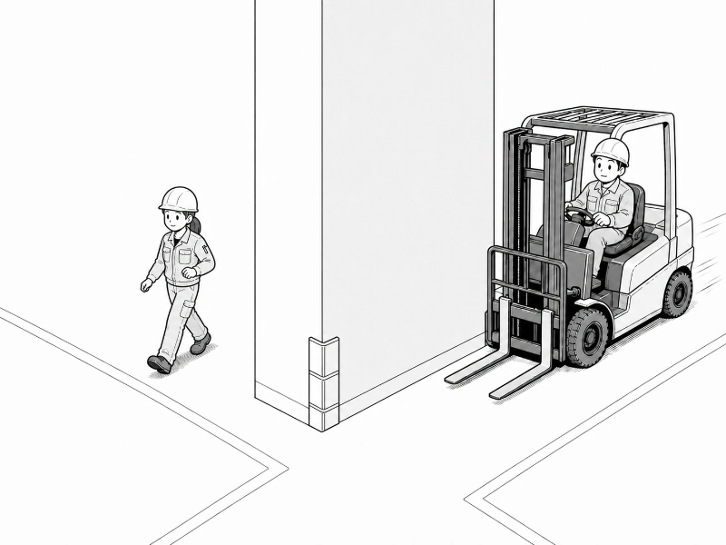 見通しの悪い交差部で、車両の接近に気づきにくい