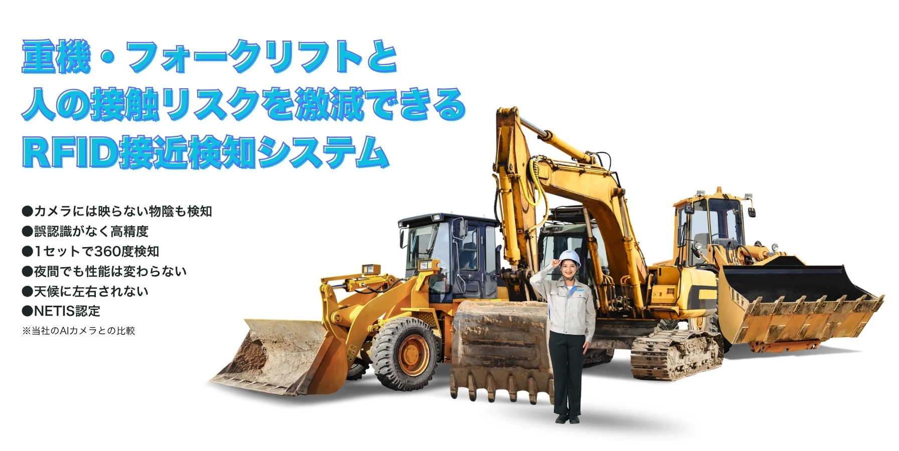 ヒヤリハンターは高精度RFIDによる重機・フォークリフトと作業者の接近・接触事故リスク低減システム。